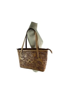 Genuine Vintage Hand Tooled Leather Sugar Skull Floral Tote Bag